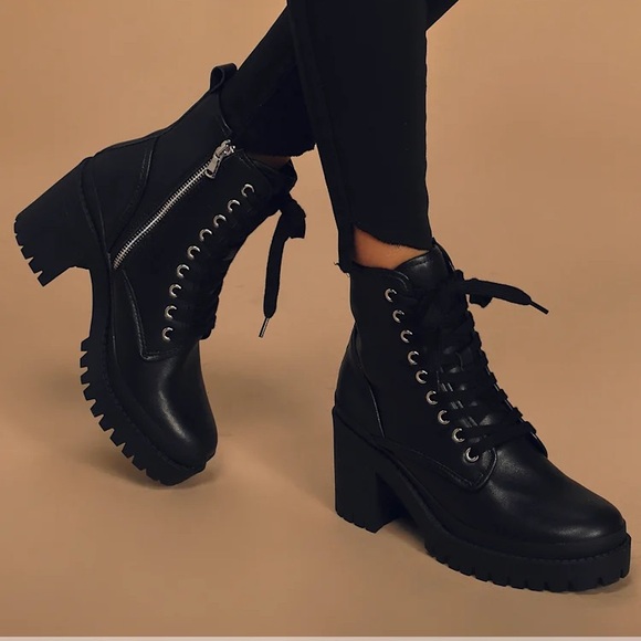 Steve Madden Shoes - Steve Madden Boots Bloomed Black Leather Lace-Up Platform Side Zip Sz 6.5 M #780